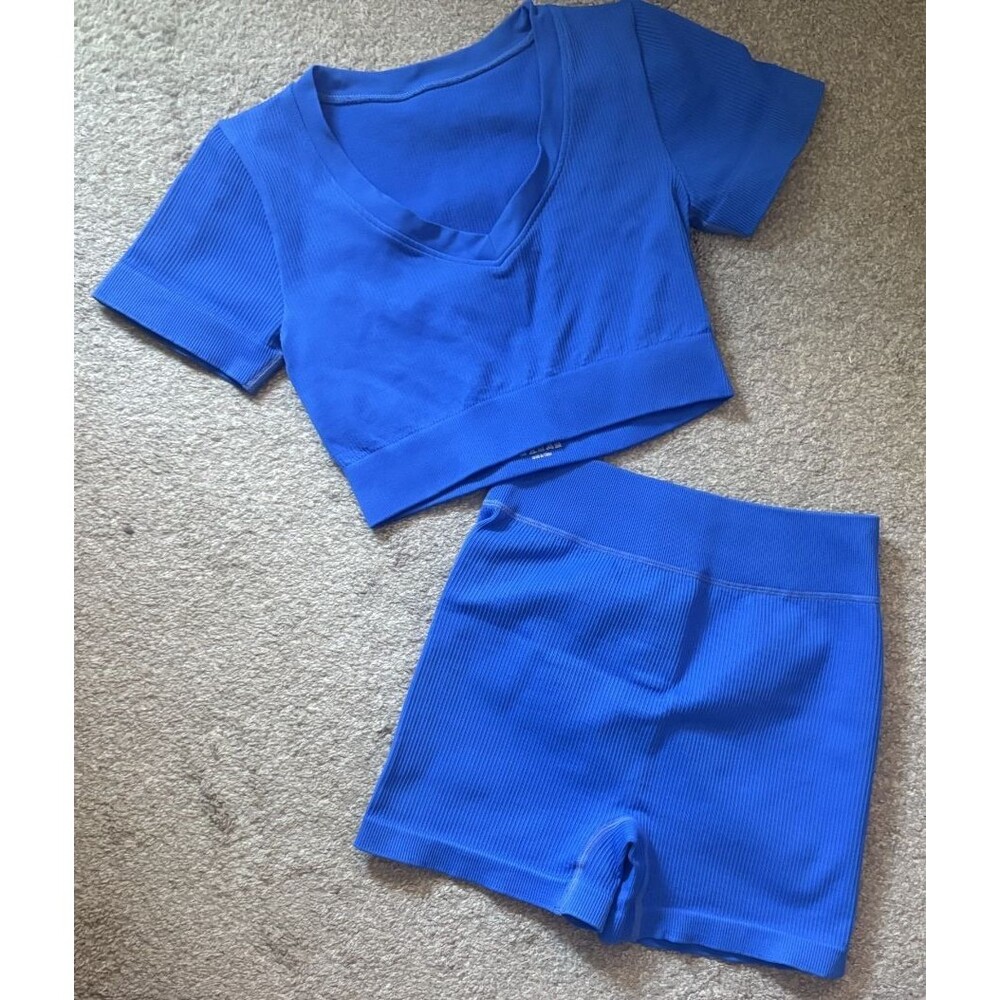 Women’s Blue Workout Set Medium Ribbed Crop Top & Biker Shorts Matching Lounge